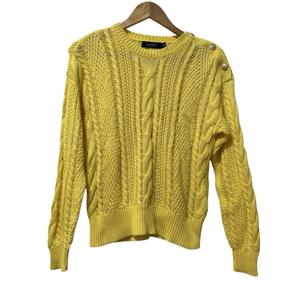 Lauren Ralph Lauren Womens Cable Knit Sweater Size M Butter Yellow Preppy Boxy